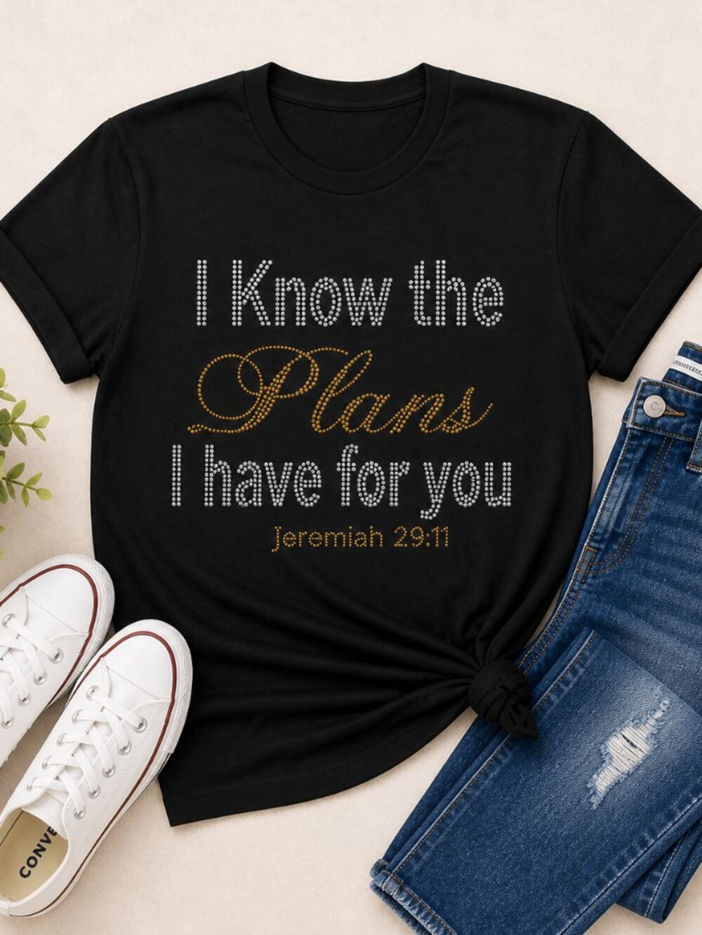 ✨ Rhinestone “I Know the Plans” Jeremiah 29:11 Tee | Faith-Based